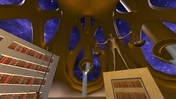 The ceiling of the Secret Archive with a statue in the foreground.