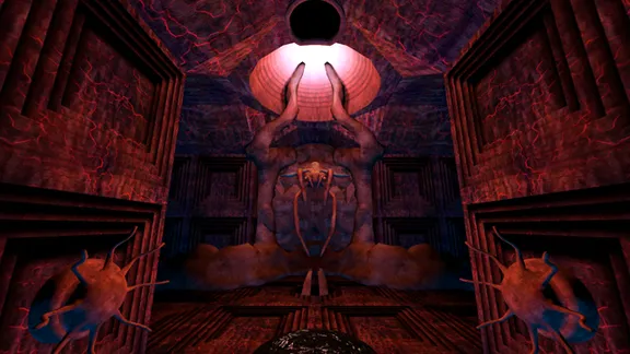 A dimly lit hallway with a locust hanging from the wall.